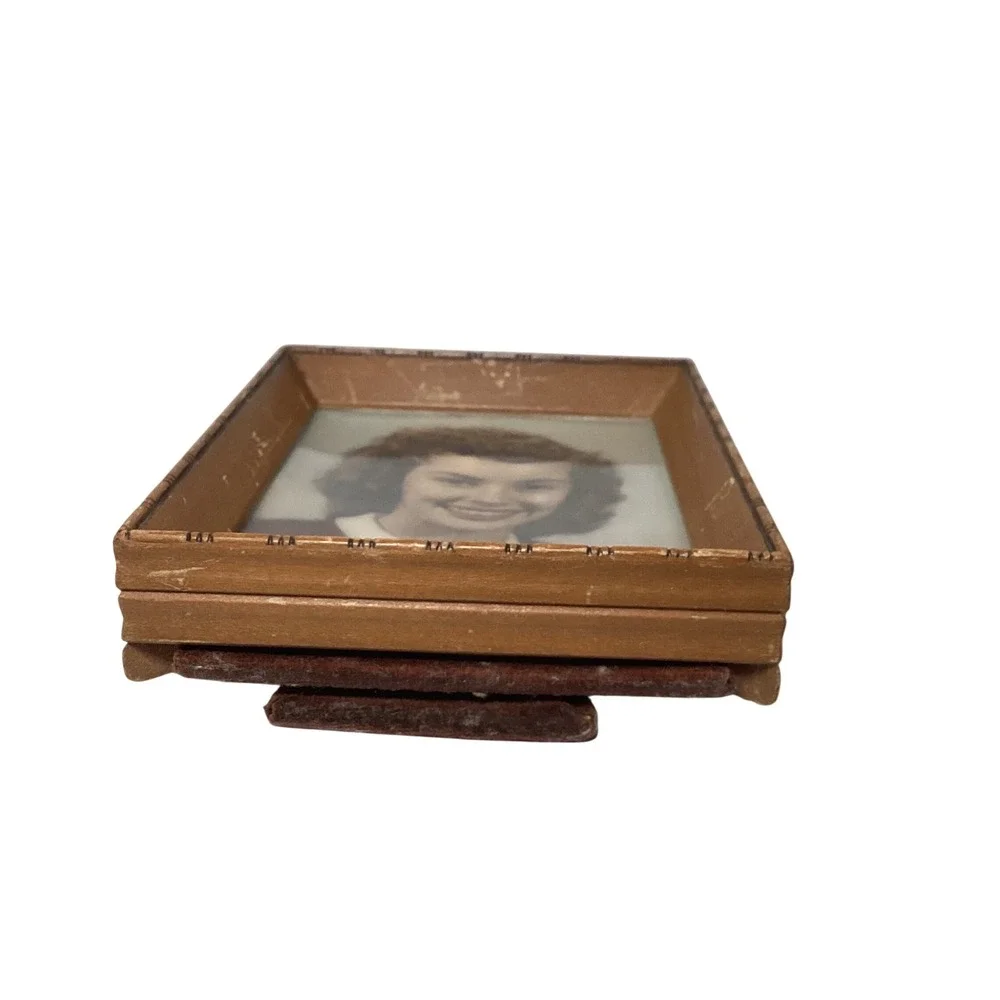 Vintage Small Wood Picture Frame Brown Velvet Easel Back Tabletop Decor 4x5